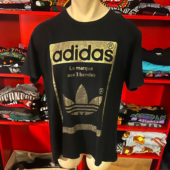 adidas Shirts Adidas Gold Trefoil Logo La Marque Aux 3 Bandes Black Tshirt X Size 2xl Poshmark